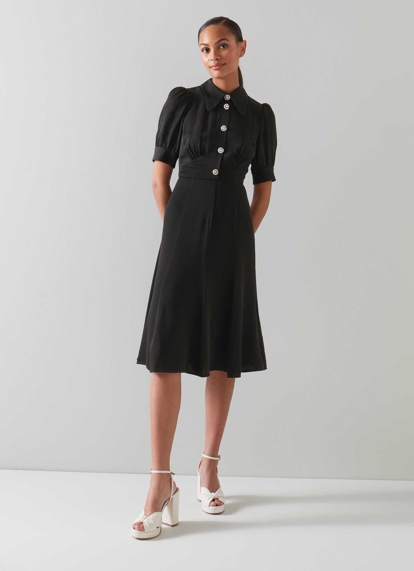 Esme Crepe Crystal Button Dress Black Tea Dress LK Bennett